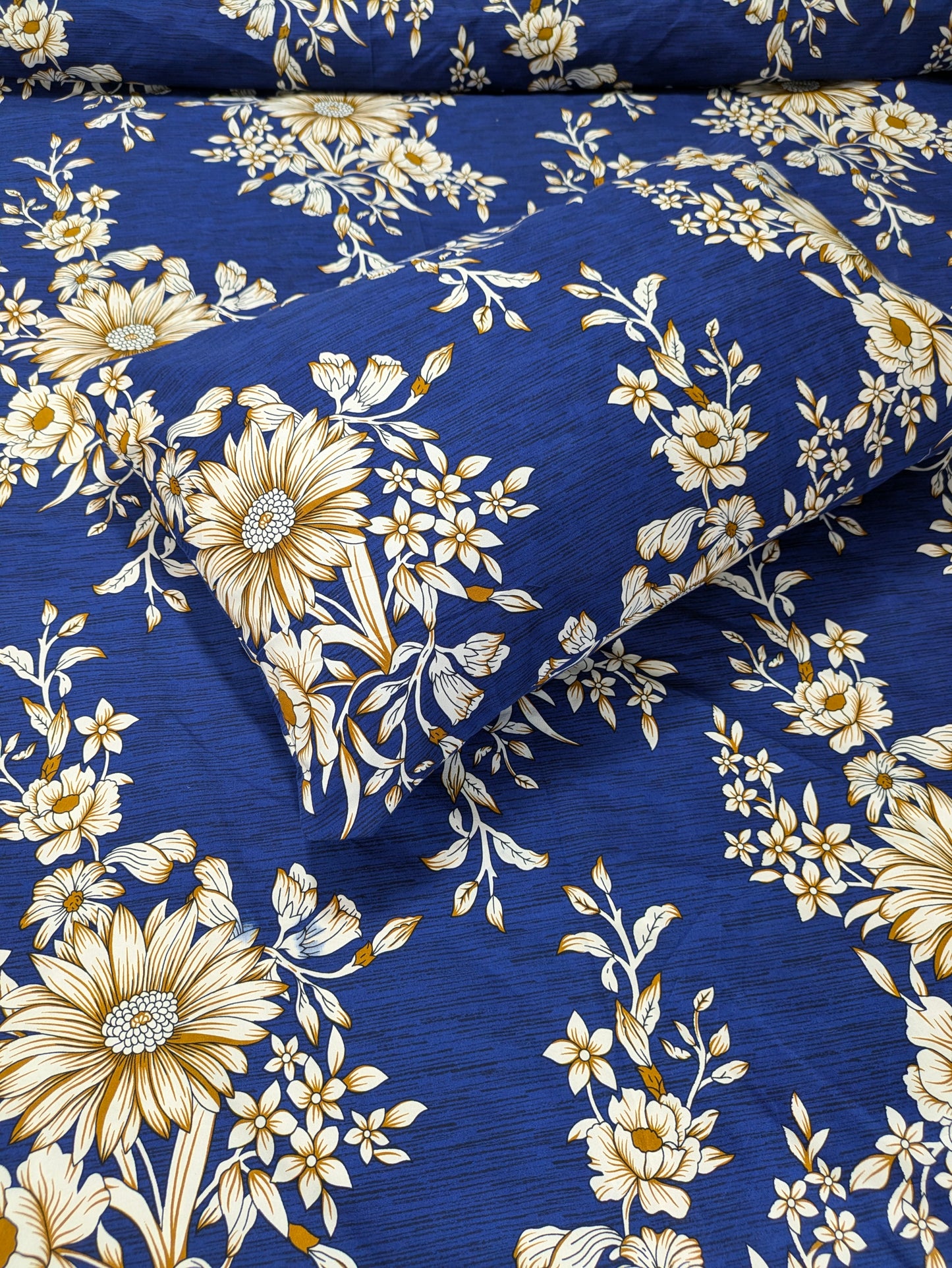 Dekoracy Blue and Gold Floral Double Bedsheet DB248