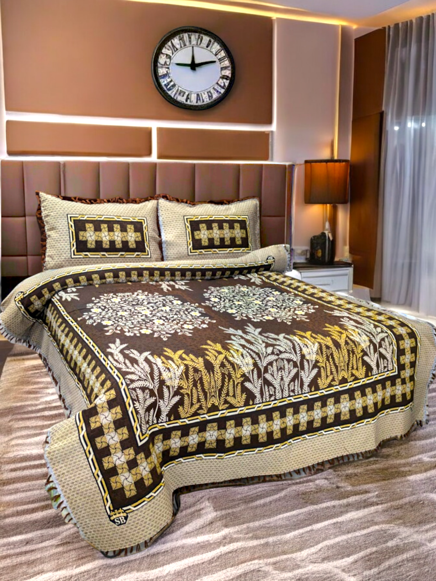 Brown Floral Multani Double Bedsheet