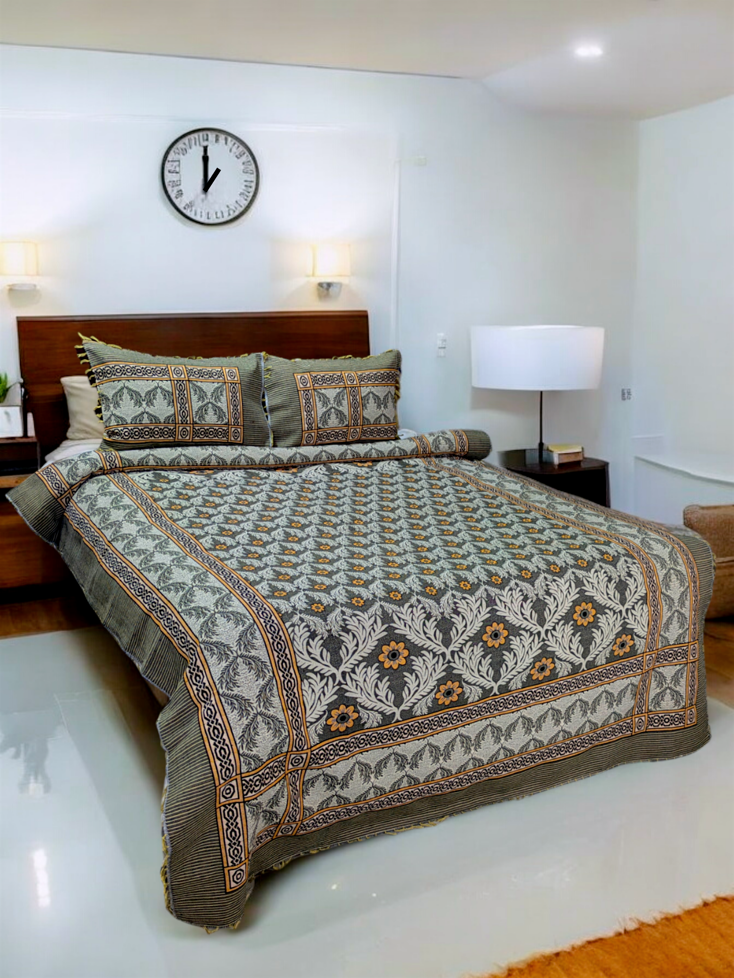 Brown Floral Multani Double Bedsheet