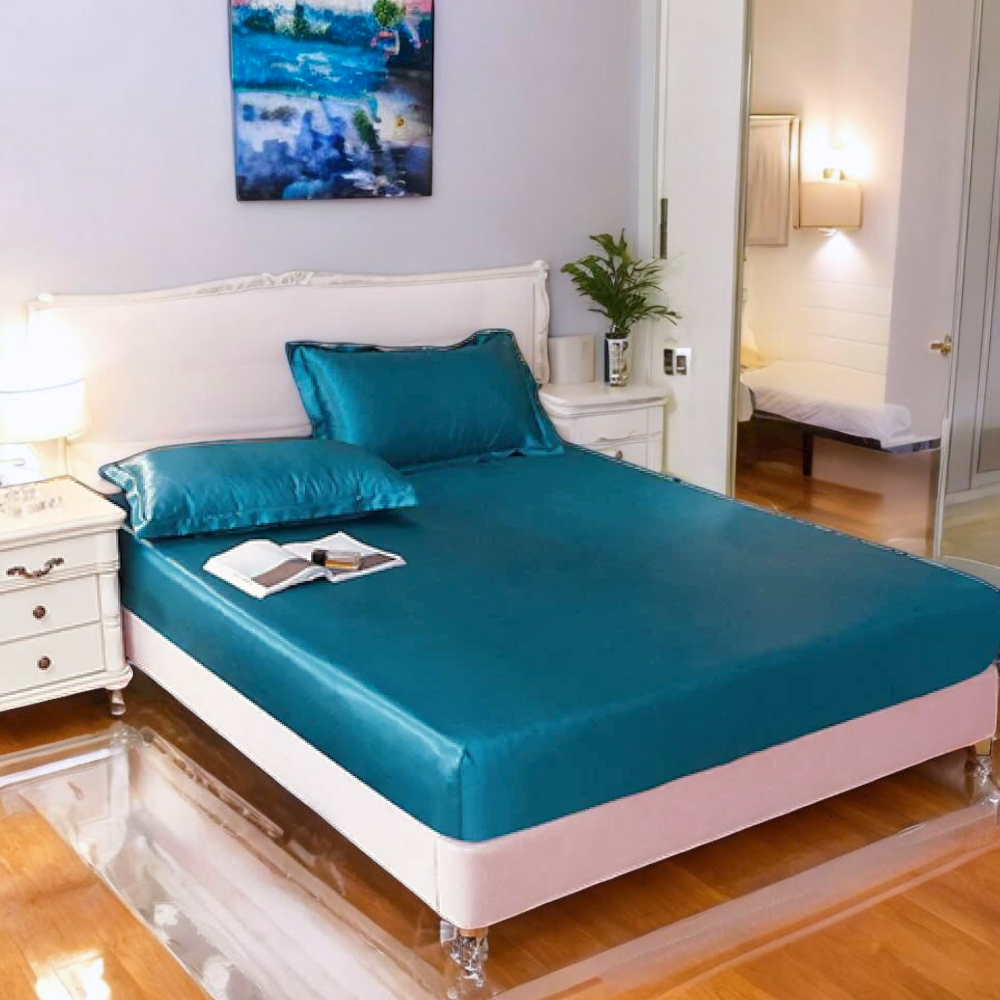 Silk Fitted Blue Double Bedsheet