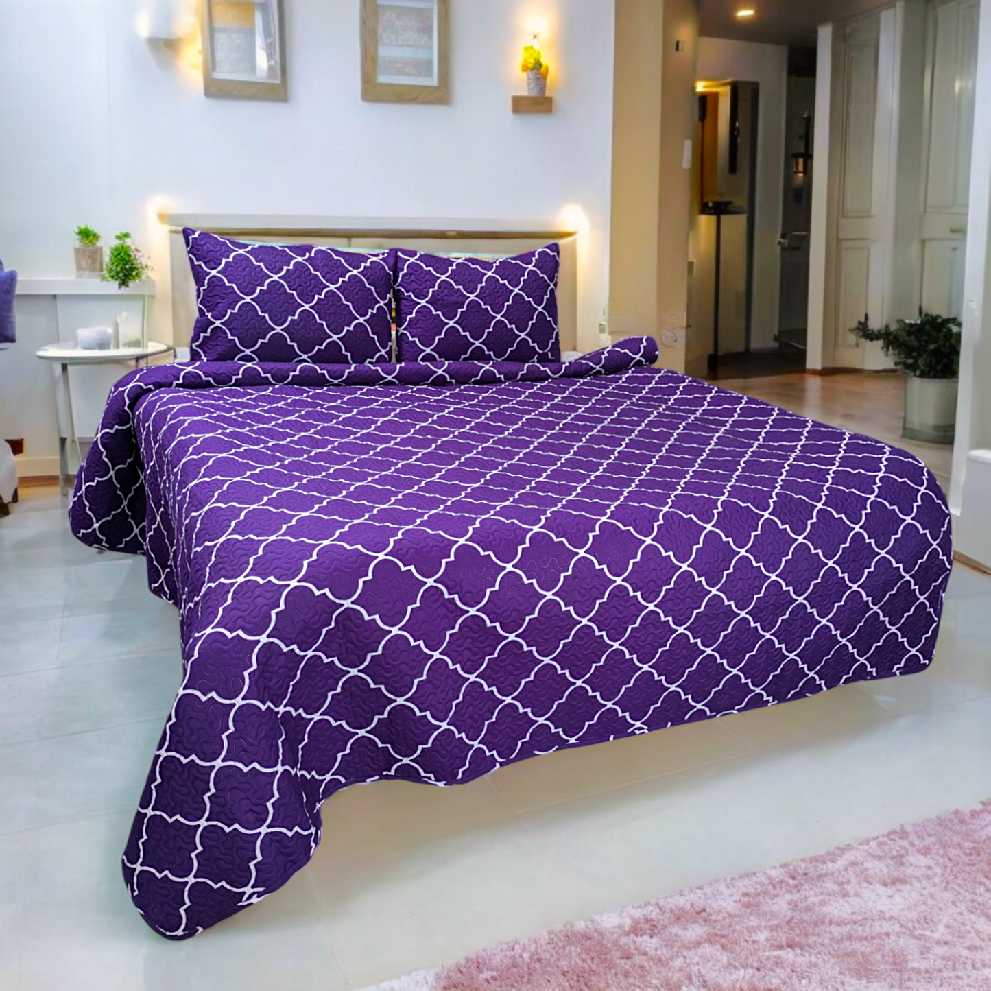 Royal Purple Lattice 3 Pcs Bedspread - Bsp33