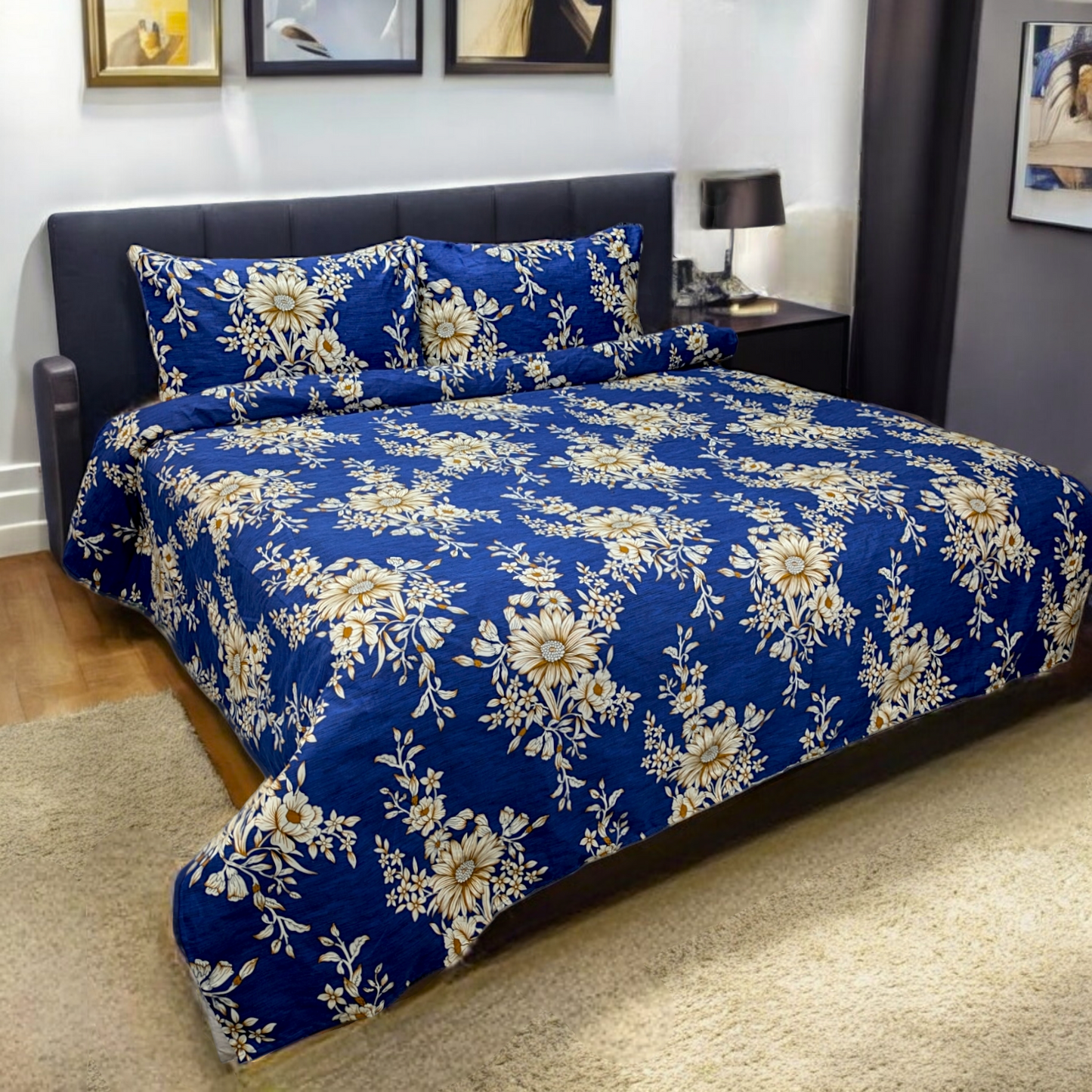 Dekoracy Blue and Gold Floral Double Bedsheet DB248